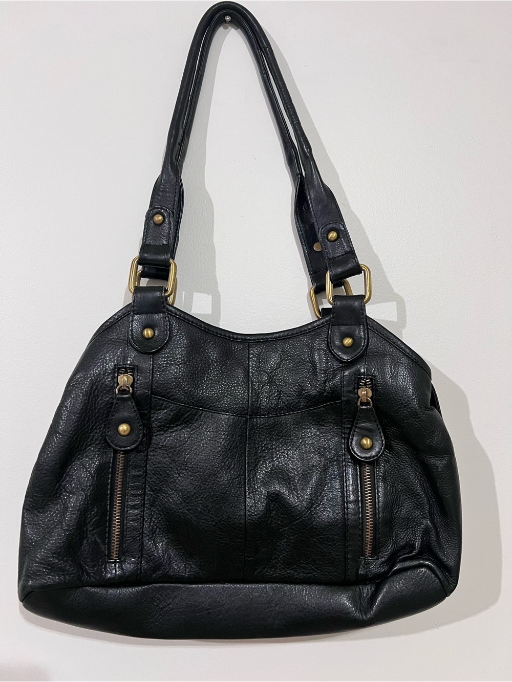 Classic Black Leather Shoulder Bag with Gold Accents